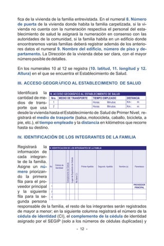 - 12 -
fica de la vivienda de la familia entrevistada. En el numeral 8. Número
de puerta de la vivienda donde habita la familia carpetizada, si la vi-
vienda no cuenta con la numeración respectiva el personal del esta-
blecimiento de salud le asignará la numeración en consenso con las
autoridades de la comunidad, si la familia habita en un edificio donde
encontraremos varias familias deberá registrar además de los anterio-
res datos el numeral 9. Nombre del edificio, número de piso y de-
partamento. La Dirección de la vivienda debe ser clara, con el mayor
número posible de detalles.
En los numerales 10 al 12 se registra (10. latitud, 11. longitud y 12.
Altura) en el que se encuentra el Establecimiento de Salud.
III. ACCESO GEOGRÁFICO AL ESTABLECIMIENTO DE SALUD
Identificará la
cantidad de me-
dios de trans-
porte que usa
desde la vivienda hasta el Establecimiento de Salud de Primer Nivel; re-
gistrará el medio de trasporte (balsa, motocicleta, caballo, bicicleta, a
pie, etc.), el tiempo empleado y la distancia en kilómetros que recorre
hasta su destino.
IV. IDENTIFICACIÓN DE LOS INTEGRANTES DE LA FAMILIA
Registrará la
información de
cada integran-
te de la familia.
Asigne un nú-
mero priorizan-
do la primera
fila para el pro-
veedor principal
y la siguiente
fila para la se-
gunda persona
responsable de la familia, el resto de los integrantes serán registrados
de mayor a menor; en la siguiente columna registrará el número de la
cédula de identidad (CI), el complemento de la cédula de identidad
asignado por el SEGIP (solo a los números de cédulas duplicadas) y
 