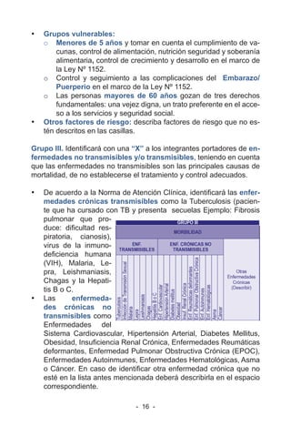 - 16 -
• Grupos vulnerables:
o Menores de 5 años y tomar en cuenta el cumplimiento de va-
cunas, control de alimentación, nutrición seguridad y soberanía
alimentaria, control de crecimiento y desarrollo en el marco de
la Ley Nº 1152.
o Control y seguimiento a las complicaciones del Embarazo/
Puerperio en el marco de la Ley Nº 1152.
o Las personas mayores de 60 años gozan de tres derechos
fundamentales: una vejez digna, un trato preferente en el acce-
so a los servicios y seguridad social.
• Otros factores de riesgo: describa factores de riesgo que no es-
tén descritos en las casillas.
Grupo III. Identificará con una “X” a los integrantes portadores de en-
fermedades no transmisibles y/o transmisibles, teniendo en cuenta
que las enfermedades no transmisibles son las principales causas de
mortalidad, de no establecerse el tratamiento y control adecuados.
• De acuerdo a la Norma de Atención Clínica, identificará las enfer-
medades crónicas transmisibles como la Tuberculosis (pacien-
te que ha cursado con TB y presenta secuelas Ejemplo: Fibrosis
pulmonar que pro-
duce: dificultad res-
piratoria, cianosis),
virus de la inmuno-
deficiencia humana
(VIH), Malaria, Le-
pra, Leishmaniasis,
Chagas y la Hepati-
tis B o C.
• Las enfermeda-
des crónicas no
transmisibles como
Enfermedades del
Sistema Cardiovascular, Hipertensión Arterial, Diabetes Mellitus,
Obesidad, Insuficiencia Renal Crónica, Enfermedades Reumáticas
deformantes, Enfermedad Pulmonar Obstructiva Crónica (EPOC),
Enfermedades Autoinmunes, Enfermedades Hematológicas, Asma
o Cáncer. En caso de identificar otra enfermedad crónica que no
esté en la lista antes mencionada deberá describirla en el espacio
correspondiente.
 