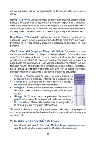 - 19 -
de la vida diaria, siendo independiente en las actividades del autocui-
dado.
Grave (50 a 74%): Calificación que se refiere a personas con síntomas,
signos o secuelas que causan una disminución importante o imposibi-
lidad de la capacidad para realizar la mayoría de las actividades de la
vida diaria, pudiendo estar afectada algunas actividades del autocuida-
do, requiriendo asistencia de otra persona para algunas actividades.
Muy Grave (75% o más): Calificación que se refiere a personas con
síntomas, signos o secuelas que imposibilitan la realización de las ac-
tividades de la vida diaria y requiere asistencia permanente de otra
persona.
Clasificación del Grupo de Riesgo de Salud: Comprende la pre-
sencia de los factores de riesgo, enfermedad(es) crónicas, discapa-
cidad(es) o ausencia de los mismos. Realizará el seguimiento corres-
pondiente y registrará la evolución de la enfermedad en la historia o
expediente clínico individual. Una vez identificados y anotados los fac-
tores de riesgo, enfermedades o discapacidad que tenga el integrante
de la familia, identificará y marcará con una “X” el grupo de riesgo
correspondiente, de acuerdo a las consideraciones siguientes:
• Riesgo I. “Aparentemente sano” Si una persona no
presenta factor de riesgo, enfermedad o discapacidad.
• Riesgo II. Si una persona presenta factor de riesgo, y
no presenta enfermedad o discapacidad.
• Riesgo III. Si una persona presenta enfermedad, pue-
de estar presente el factor de riesgo, no así la discapa-
cidad.
• Riesgo IV. Si una persona presenta discapacidad,
puede estar presente enfermedad y/o factor de riesgo.
• Sin Clasificar. Marcará la casilla para el integrante de
la familia que no haya sido entrevistado.
Se anotará el mayor riesgo al que corresponda la persona, ejemplo, si
una persona es obesa y también es diabética, se clasificará en el grupo
de riesgo III.
VI. SUBSECTOR DE ATENCIÓN DE SALUD
• Identificará qué tipo de Atención Médica le corresponde al inte-
grante de la familia, deberá anotar el código del subsector.
 
