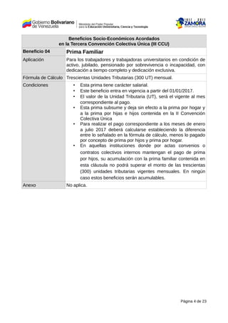 Beneficios Socio-Económicos Acordados
en la Tercera Convención Colectiva Única (III CCU)
Beneficio 04 Prima Familiar
Aplicación Para los trabajadores y trabajadoras universitarios en condición de
activo, jubilado, pensionado por sobrevivencia o incapacidad, con
dedicación a tiempo completo y dedicación exclusiva.
Fórmula de Cálculo Trescientas Unidades Tributarias (300 UT) mensual.
Condiciones • Esta prima tiene carácter salarial.
• Este beneficio entra en vigencia a partir del 01/01/2017.
• El valor de la Unidad Tributaria (UT), será el vigente al mes
correspondiente al pago.
• Esta prima subsume y deja sin efecto a la prima por hogar y
a la prima por hijas e hijos contenida en la II Convención
Colectiva Única
• Para realizar el pago correspondiente a los meses de enero
a julio 2017 deberá calcularse estableciendo la diferencia
entre lo señalado en la fórmula de cálculo, menos lo pagado
por concepto de prima por hijos y prima por hogar.
• En aquellas instituciones donde por actas convenios o
contratos colectivos internos mantengan el pago de prima
por hijos, su acumulación con la prima familiar contenida en
esta cláusula no podrá superar el monto de las trescientas
(300) unidades tributarias vigentes mensuales. En ningún
caso estos beneficios serán acumulables.
Anexo No aplica.
Página 4 de 23
 