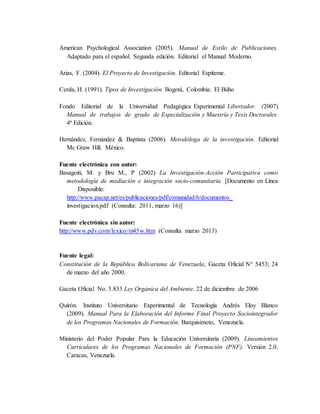 American Psychological Association (2005). Manual de Estilo de Publicaciones.
Adaptado para el español. Segunda edición. Editorial el Manual Moderno.
Arias, F. (2004). El Proyecto de Investigación. Editorial Espíteme.
Cerda, H. (1991). Tipos de Investigación. Bogotá, Colombia: El Búho
Fondo Editorial de la Universidad Pedagógica Experimental Libertador. (2007)
Manual de trabajos de grado de Especialización y Maestría y Tesis Doctorales.
4ª Edición.
Hernández, Fernández & Baptista (2006). Metodóloga de la investigación. Editorial
Mc Graw Hill. México.
Fuente electrónica con autor:
Basagoiti, M. y Bru M., P (2002) La Investigación-Acción Participativa como
metodología de mediación e integración socio-comunitaria. [Documento en Línea
Disponible:
http://www.pacap.net/es/publicaciones/pdf/comunidad/6/documentos_
investigacion.pdf (Consulta: 2011, marzo 16)]
Fuente electrónica sin autor:
http://www.pdv.com/lexico/m45w.htm (Consulta marzo 2013)
Fuente legal:
Constitución de la República Bolivariana de Venezuela, Gaceta Oficial N° 5453; 24
de marzo del año 2000.
Gaceta Oficial No. 5.833 Ley Orgánica del Ambiente. 22 de diciembre de 2006
Quirón. Instituto Universitario Experimental de Tecnología Andrés Eloy Blanco
(2009). Manual Para la Elaboración del Informe Final Proyecto Sociointegrador
de los Programas Nacionales de Formación. Barquisimeto, Venezuela.
Ministerio del Poder Popular Para la Educación Universitaria (2009). Lineamientos
Curriculares de los Programas Nacionales de Formación (PNF). Versión 2.0.
Caracas, Venezuela.
 
