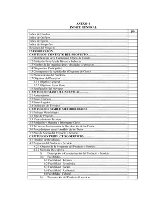 ANEXO 4
INDICE GENERAL
pp.
Índice de Cuadros………………………………………………………………………
Índice de Gráficos……………………………………………………………………...
Índice de figuras………………………………………………………………………..
Índice de fotografías……………………………………………………………………
Resumen del Proyecto………………………………………………………………….
INTRODUCCIÓN……………………………………………………………………
CAPÍTULO I CONTEXTO DEL PROYECTO…………………………………...
1.1 Identificación de la Comunidad Objeto de Estudio………………………………..
1.2 Población Beneficiada Directa e Indirecta ...………………………………………
1.3 Nombre de las organizaciones vinculadas al proyecto…………………………….
1.4 Diagnostico Participativo …………………………….……………………………
1.5 Cronogramas de Actividades (Diagrama de Gantt)………………………………..
1.6 Planteamiento del Problema……………………………………………….............
1.7 Objetivos del Proyecto …………………………………………………………….
1.7.1 Objetivo General……………………………………………………………..
1.7.2 Objetivos Específicos………………………………………………………..
1.8 Justificación del proyecto…………………………………………………………..
CAPITULO II MARCO CONCEPTUAL……...…………………………………...
2.1 Antecedentes………………………….……………………………………………
2.2 Bases Teóricas………………..…………………………………………………….
2.3 Bases Legales...……………………….……………………………………………
2.4 Definición de Términos….…..…………………………………………………….
CAPÍTULO III MARCO METODOLÓGICO…………………….………………
3.1 Enfoque Metodológico…………………………………………………………….
3.2 Tipo de Proyecto……..…………………………………………………………….
3.3 Procedimiento Técnico…………………………………………………………….
3.4 Población y Muestra o Informante Clave………………………………………….
3.5 Técnicas e Instrumentos de Recolección de los Datos…………………………….
3.6 Procedimiento para el Análisis de los Datos……………………………………….
3.7 Plan de Acción del Producto o Servicio……………………………………………
CAPÍTULO IV PRODUCTO O SERVICIO………...……………………………..
4.1 Análisis de Resultados………….………………………………………………….
4.2 Propuesta del Producto o Servicio…………………………………………………
4.2.1 Objetivo de la Propuesta del Producto o Servicio…………………………..
4.2.2 Memoria Descriptiva…………………………………………………………
l) Descripción o Caracterización del Producto o Servicio………………
m) Factibilidad……………………………………………………………
b.1 Factibilidad Técnica…..………………………………..……………
b.2 Factibilidad Económica……..…………………… …………………
b.3 Factibilidad Social……………………………………………………
b.4 Factibilidad Ambiental……………………………………………….
b.5Factibilidad Cultural…………………………………………………..
b) Presentación del Producto O servicio
 