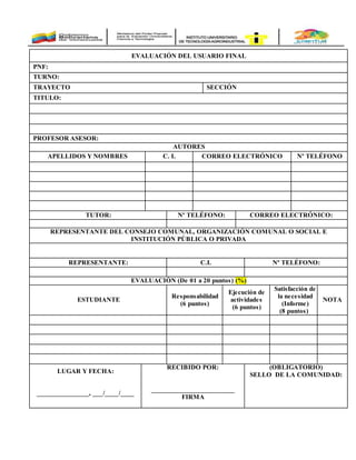 EVALUACIÓN DEL USUARIO FINAL
PNF:
TURNO:
TRAYECTO SECCIÓN
TITULO:
PROFESOR ASESOR:
AUTORES
APELLIDOS Y NOMBRES C. I. CORREO ELECTRÓNICO Nº TELÉFONO
TUTOR: Nº TELÉFONO: CORREO ELECTRÓNICO:
REPRESENTANTE DEL CONSEJO COMUNAL, ORGANIZACIÓN COMUNAL O SOCIAL E
INSTITUCIÓN PÚBLICA O PRIVADA
REPRESENTANTE: C.I. Nº TELÉFONO:
EVALUACIÓN (De 01 a 20 puntos) (%)
ESTUDIANTE
Responsabilidad
(6 puntos)
Ejecución de
actividades
(6 puntos)
Satisfacción de
la necesidad
(Informe)
(8 puntos)
NOTA
LUGAR Y FECHA:
_______________, ___/____/____
RECIBIDO POR:
________________________
FIRMA
(OBLIGATORIO)
SELLO DE LA COMUNIDAD:
 