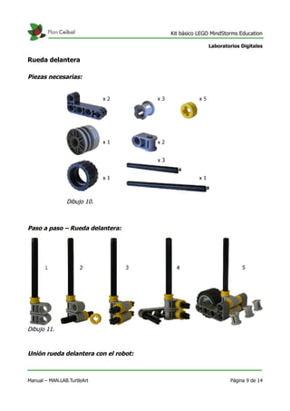 Kit básico LEGO MindStorms Education
Laboratorios Digitales
Rueda delantera
Piezas necesarias:
Paso a paso – Rueda delantera:
Unión rueda delantera con el robot:
Manual – MAN.LAB.TurtleArt Página 9 de 14
Dibujo 10.
Dibujo 11.
 