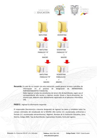 Dirección: Av. Amazonas N34-451 y Av. Atahualpa Teléfono: 593-2-396-1300 Código Postal: 170507 / Quito-Ecuador
www.educacion.gob.ec
MATUTINA VESPERTINA
MATUTINA VESPERTINA
PARALELO “A” PARALELO “A”
+ +
MACRO MACRO
MATUTINA VESPERTINA
PARALELO “B” PARALELO B
+ +
MACRO MACRO
Recuerde: En caso de no cumplir con esta instrucción, puede generar errores o pérdidas de
información en el proceso de designación de ABANDERADO,
PORTAESTANDARTES Y ESCOLTAS.
Debe ingresar a todos los estudiantes de tercer año de bachillerato, según sea el
correspondiente año escolar y régimen escolar (Costa o Sierra-Amazonía), los
mismos que, deberán estar debidamente registrados en el aplicativo informático
CAS.
PASO 2.- Ingresar la información requerida:
El responsable (Secretario/a o docente designado) de ingresar los datos y completar todos los
campos solicitados del encabezado de la MACRO: Año Lectivo (I.E. escolarizadas ordinarias) o
Período (I.E. escolarizadas extraordinarias), Régimen, Nombre de la Institución Educativa, Zona,
Distrito, Código AMIE, Tipo de Bachillerato, Especialidad, Paralelo, Fecha del registro.
 
