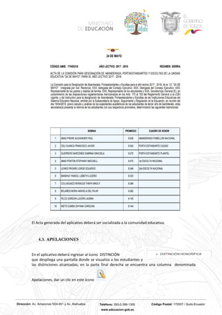 Dirección: Av. Amazonas N34-451 y Av. Atahualpa Teléfono: 593-2-396-1300 Código Postal: 170507 / Quito-Ecuador
www.educacion.gob.ec
El Acta generada del aplicativo deberá ser socializada a la comunidad educativa.
4.3. APELACIONES
En el aplicativo deberá ingresar al icono DISTINCIÓN
que despliega una pantalla donde se visualiza a los estudiantes y
las distinciones alcanzadas; en la parte final derecha se encuentra una columna denominada
Apelaciones, dar un clic en este ícono
 