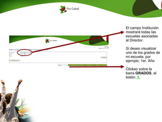 El campo Institución
mostrará todas las
escuelas asociadas
al Director.

Si deseo visualizar
uno de los grados de
mi escuela, por
ejemplo: 1er. Año

Clickeo sobre la
barra GRADOS, el
botón: 1.
 