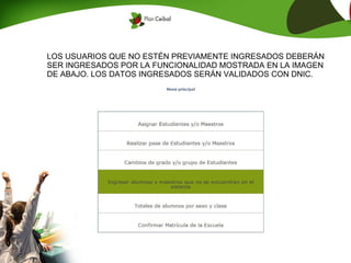 LOS USUARIOS QUE NO ESTÉN PREVIAMENTE INGRESADOS DEBERÁN
SER INGRESADOS POR LA FUNCIONALIDAD MOSTRADA EN LA IMAGEN
DE ABAJO. LOS DATOS INGRESADOS SERÁN VALIDADOS CON DNIC.
 