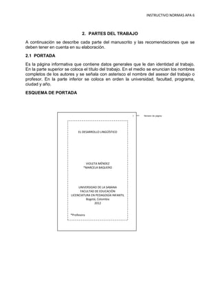 INSTRUCTIVO NORMAS APA 6



                               2. PARTES DEL TRABAJO
A continuación se describe cada parte del manuscrito y las recomendaciones que se
deben tener en cuenta en su elaboración.
2.1 PORTADA
Es la página informativa que contiene datos generales que le dan identidad al trabajo.
En la parte superior se coloca el título del trabajo. En el medio se enuncian los nombres
completos de los autores y se señala con asterisco el nombre del asesor del trabajo o
profesor. En la parte inferior se coloca en orden la universidad, facultad, programa,
ciudad y año.
ESQUEMA DE PORTADA




                                                             1   Número de página




                            EL DESARROLLO LINGÜÍSTICO




                                VIOLETA MÉNDEZ
                               *MARCELA BAQUERO




                             UNIVERSIDAD DE LA SABANA
                              FACULTAD DE EDUCACIÓN
                        LICENCIATURA EN PEDAGOGÍA INFANTIL
                                  Bogotá, Colombia
                                       2012


                       *Profesora
 