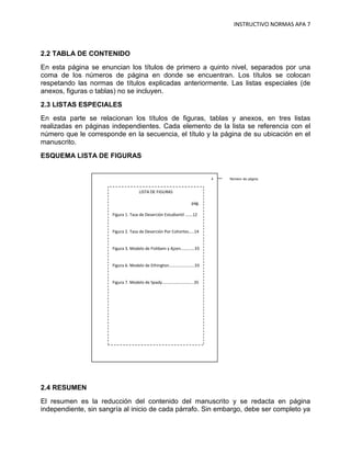 INSTRUCTIVO NORMAS APA 7



2.2 TABLA DE CONTENIDO
En esta página se enuncian los títulos de primero a quinto nivel, separados por una
coma de los números de página en donde se encuentran. Los títulos se colocan
respetando las normas de títulos explicadas anteriormente. Las listas especiales (de
anexos, figuras o tablas) no se incluyen.
2.3 LISTAS ESPECIALES
En esta parte se relacionan los títulos de figuras, tablas y anexos, en tres listas
realizadas en páginas independientes. Cada elemento de la lista se referencia con el
número que le corresponde en la secuencia, el título y la página de su ubicación en el
manuscrito.
ESQUEMA LISTA DE FIGURAS


                                                                       4   Número de página

                                     LISTA DE FIGURAS

                                                                pág.

                       Figura 1. Tasa de Deserción Estudiantil …….12


                       Figura 2. Tasa de Deserción Por Cohortes…..14


                       Figura 3. Modelo de Fishbein y Ajzen………….33


                       Figura 6. Modelo de Ethington……..…………….33


                       Figura 7. Modelo de Spady………………………...35




2.4 RESUMEN
El resumen es la reducción del contenido del manuscrito y se redacta en página
independiente, sin sangría al inicio de cada párrafo. Sin embargo, debe ser completo ya
 