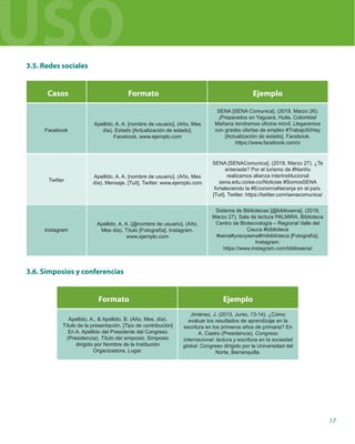 17
Facebook
Twitter
Formato
Casos Ejemplo
3.5. Redes sociales
Apellido, A. A. [nombre de usuario]. (Año, Mes
día). Estado [Actualización de estado].
Facebook. www.ejemplo.com
Apellido, A. A. [nombre de usuario]. (Año, Mes
día). Mensaje. [Tuit]. Twitter. www.ejemplo.com
SENA [SENA Comunica]. (2019, Marzo 26).
¡Preparados en Yaguará, Huila, Colombia!
Mañana tendremos oficina móvil. Llegaremos
con grades ofertas de empleo #TrabajoSíHay
[Actualización de estado]. Facebook.
https://www.facebook.com/o
Formato Ejemplo
3.6. Simposios y conferencias
Apellido, A.,  Apellido, B. (Año, Mes, día).
Título de la presentación. [Tipo de contribución]
En A. Apellido del Presidente del Congreso
(Presidencia), Título del simposio. Simposio
dirigido por Nombre de la Institución
Organizadora, Lugar.
Jiménez, J. (2013, Junio, 13-14). ¿Cómo
evaluar los resultados de aprendizaje en la
escritura en los primeros años de primaria? En
A. Castro (Presidencia), Congreso
internacional: lectura y escritura en la sociedad
global. Congreso dirigido por la Universidad del
Norte, Barranquilla.
Instagram
Apellido, A. A. [@nombre de usuario]. (Año,
Mes día). Título [Fotografía]. Instagram.
www.ejemplo.com
Sistema de Bibliotecas [@bibliosena]. (2019,
Marzo 27). Sala de lectura PALMIRA. Biblioteca
Centro de Biotecnología – Regional Valle del
Cauca #biblioteca
#sena#yosoysena#mibiblioteca [Fotografía].
Instagram.
https://www.instagram.com/bibliosena/
SENA [SENAComunica]. (2019, Marzo 27). ¿Te
enteraste? Por el turismo de #Nariño
realizamos alianza interinstitucional
sena.edu.co/es-co/Noticias #SomosSENA
fortaleciendo la #EconomíaNaranja en el país.
[Tuit]. Twitter. https://twitter.com/senacomunica/
USO
 