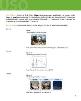 8
1.7.2 Figuras. El número de la figura (Figura 1) aparece encima del título y la imagen de la
figura en negrita. Los tipos de figuras incluyen gráficos de barras, líneas y círculos, diagramas
de flujo, dibujos, mapas, gráficos, fotografías, infografías y otras ilustraciones. El tamaño no
debe superar las márgenes del documento.
Nota de la figura: Contiene la descripción de la figura y la cita de la fuente de la imagen.
Ejemplo:
Figura 1
Título breve y descriptivo en cursiva
Nota. Operario llenando semilleros o bandejas con turba. SENA (2018).
Ejemplo:
Figura 2
Título breve y descriptivo en cursiva
Nota. Proceso de decantación. Stamm (1970).
Ejemplo:
Figura 3
Título breve y descriptivo en cursiva
Nota. Soles. Adaptado de Sánchez (2017).
USO
 