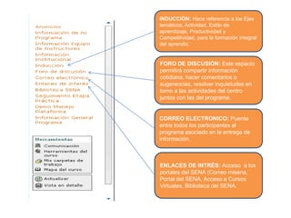 INDUCCIÓN: Hace referencia a los Ejes
temáticos, Actividad, Estilo de
aprendizaje, Productividad y
Competitividad, para la formación integral
del aprendiz.
FORO DE DISCUSIÓN: Este espacio
permitirá compartir información
cotidiana, hacer comentarios o
sugerencias, resolver inquietudes en
torno a las actividades del centro
juntos con las del programa.
CORREO ELECTRONICO: Puente
entre todos los participantes al
programa asociado en la entrega de
información.
ENLACES DE INTRÉS: Acceso a los
portales del SENA (Correo misena,
Portal del SENA, Acceso a Cursos
Virtuales, Biblioteca del SENA.
 