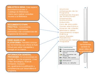 BIBLIOTECA SENA: Este espacio
encontrará el acceso a:
-Catálogo de Bibliotecas
-Demo para realizar consultas
-Acceso a la Biblioteca
SEGUIMIENTO ETAPA
PRÁCTICA: Conocimiento,
Destrezas y habilidades
pertinentes a las competencias del
programa de formación.
DEMO MANEJO DE
PLATAFORMA: Permitirá conocer
las herramientas que ofrece el Aula
Virtual para saber manejarlas y
navegar en su interior.
INFORMACIÓN GENERAL
PROGRAMA: En el encontrara en
detalle el Tipo de programa, Línea
y Red Tecnológica, Nivel de
formación, Duración
etc..igualmente la justificación y
competencias que desarrollara el
programa.
Estas
herramientas
también le
serán útiles en
su aprendizaje.
 