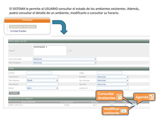 El SISTEMA le permite al USUARIO consultar el estado de los ambientes existentes. Además,
podrá consultar el detalle de un ambiente, modificarlo o consultar su horario.
Consultar
Ambientes Agenda
modificar
ambiente
 