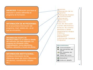ANUNCIOS: Publicación que hace el
instructor o avisos referentes al
programa de formación.
INFORMACIÓN EQUIPO DE
INSTRUCTORES: En el hallará el detalle
del instructor que esta asignado a su
programa de formación como:
especialización, correo electrónico,
teléfono, ubicación y horario de oficina.
INFORMACIÓN INSTITUCIONAL:
Contiene información de las
diferentes áreas del centro (Bienestar
del alumno, coordinación, empleo
etc.)
INFORMACIÓN DE MI PROGRAMA:
En el encontrara información del
programa, nivel, estado etc., en el
que se encuentra.
 