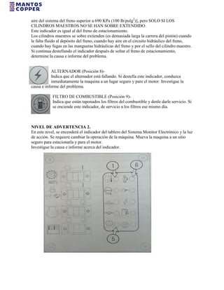 aire del sistema del freno superior a 690 KPa (100 Ib/pulg2
)], pero SOLO SI LOS
CILINDROS MAESTROS NO SE HAN SOBRE EXTENDIDO.
Este indicador es igual al del freno de estacionamiento.
Los cilindros maestros se sobre extienden (es demasiada larga la carrera del pistón) cuando
le falta fluido al depósito del freno, cuando hay aire en el circuito hidráulico del freno,
cuando hay fugas en las mangueras hidráulicas del freno y por el sello del cilindro maestro.
Si continua destellando el indicador después de soltar el freno de estacionamiento,
determine la causa e informe del problema.
ALTERNADOR (Posición 8)-
Indica que el alternador está fallando. Si destella este indicador, conduzca
inmediatamente la maquina a un lugar seguro y pare el motor. Investigue la
causa e informe del problema.
FILTRO DE COMBUSTIBLE (Posición 9)-
Indica que están taponados los filtros del combustible y denle darle servicio. Si
se enciende este indicador, de servicio a los filtros ese mismo día.
NIVEL DE ADVERTENCIA 2.
En este nivel, se encenderá el indicador del tablero del Sistema Monitor Electrónico y la luz
de acción. Se requiere cambiar la operación de la máquina. Mueva la maquina a un sitio
seguro para estacionarla y para el motor.
Investigue la causa e informe acerca del indicador.
 