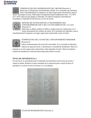 TEMPERATURA DEL REFRIGERANTE DEL MOTOR (Posición 1)
Indica que el refrigerante está demasiado caliente. Si se enciende este indicador,
mueva inmediatamente la maquina a un lugar seguro para estacionarla y pare el
motor. Investigue la causa. Debe bajar la temperatura aproximadamente entre 15 y 20°C
(27 a 36°F) antes de que apague el indicador. No opere la maquina si permanecen
encendidos el indicador de advertencia y la luz de acción.
SISTEMA DE FILTRACION DE LA TRANSMISION, DEL
CONVERTIDOR DE PAR Y DEL LEVANTAMIENTO DE LA CAJA
(Posición 5)
Indica que se deben cambiar los filtros e inspeccionar los usados para ver si
tienen acumulación de residuos de metal. Si se enciende este indicador, mueva
inmediatamente la maquina a un lugar seguro para estacionarla y pare el motor.
TEMPERATURA DEL ACEITE DEL CONVERTIDOR/RETARDADOR
(Posición 6)
Indica recalentamiento del aceite del convertidor. Si se enciende el indicador,
reduzca la carga del motor, o disminuya la velocidad de retardación. Mueva la
maquina a un sitio seguro para estacionarla y deje operando el motor. Mueva la palanca
manual de retardación el máximo hacia abajo para enfriar el aceite.
NIVEL DE ADVERTENCIA 3.
En este nivel, se encenderán tanto el indicador de advertencia como la luz de acción y
sonara la alarma. Requiere el paro inmediato de la operación para evitarle lesiones al
operador y/o averías severas al sistema y/o a la máquina.
FLUJO DE REFRIGERANTE (Posición 2)
 