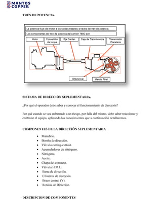 TREN DE POTENCIA.
SISTEMA DE DIRECCIÓN SUPLEMENTARIA.
¿Por qué el operador debe saber y conocer el funcionamiento de dirección?
Por qué cuando se vea enfrentado a un riesgo, por falla del mismo, debe saber reaccionar y
controlar el equipo, aplicando los conocimientos que a continuación detallaremos.
COMPONENTES DE LA DIRECCIÓN SUPLEMENTARIA
 Manubrio.
 Bomba de dirección.
 Válvula cutting-cuttout.
 Acumuladores de nitrógeno.
 Nitrógeno.
 Aceite.
 Chapa del contacto.
 Válvula H.M.U.
 Barra de dirección.
 Cilindros de dirección.
 Brazo central (Y).
 Rotulas de Dirección.
DESCRIPCION DE COMPONENTES
 