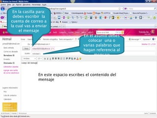 En la casilla para: debes escribir la cuenta de correo a la cual vas a enviar el mensaje En el asunto debes colocar una o varias palabras que hagan referencia al mensaje En este espacio escribes el contenido del mensaje