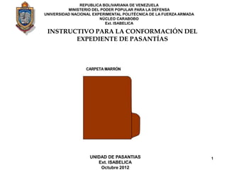 REPUBLICA BOLIVARIANA DE VENEZUELA
          MINISTERIO DEL PODER POPULAR PARA LA DEFENSA
UNIVERSIDAD NACIONAL EXPERIMENTAL POLITÉCNICA DE LA FUERZA ARMADA
                        NÚCLEO CARABOBO
                           Ext. ISABELICA

 INSTRUCTIVO PARA LA CONFORMACIÓN DEL
        EXPEDIENTE DE PASANTÍAS




                   UNIDAD DE PASANTIAS                              1
                      Ext. ISABELICA
                       Octubre 2012
 