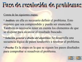 Fase de resolución de problemas Consta de las siguientes etapas: Análisis:   en ella es necesario definir el problema. Esto requiere que sea comprendido y pueda ser enunciado. También es necesario tener en cuenta los elementos de que se dispone para alcanzar el resultado buscado. Solución general o diseño del algoritmo:  Se desarrolla una secuencia lógica de pasos tendientes a resolver el problema. Prueba:   Es la etapa en la que se siguen los pasos diseñados para comprobar si resuelven el problema. 