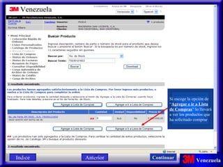 Si escoge la opción de “ Agregar e ir a Lista de Compras ” lo llevará a ver los productos que ha solicitado comprar Indice Continuar Anterior 