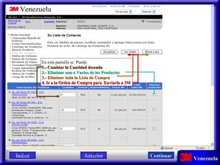 En esta pantalla se  Puede:  1.- Cambiar la Cantidad deseada 2.- Eliminar uno o Varios de los Productos   3.- Eliminar toda la Lista de Compra   4. Ir a la Orden de Compra para  Enviarla a 3M   Indice Continuar Anterior 