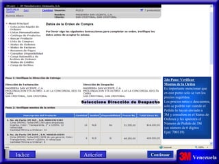 2do Paso: Verificar  Montos de la Orden Es importante mencionar que en este punto solo se ven los precios sugeridos. Los precios netos o descuentos, solo se podrán ver cuando el  Pedido lo hayan enviado a  3M y consulten en el Status de Ordenes y les aparezca el Número de Pedido de 3M  (un número de 6 digitos  Ejm: 700119)  Indice Seleccione Dirección de Despacho Continuar Anterior 