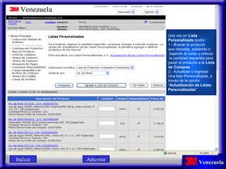 Una vez en  Lista  Personalizada  podrá : 1.- Buscar el producto  que necesita, subiendo o bajando el curso y colocar la cantidad requerida para  pasar el producto a la  Lista de Compras . 2.- Actualizar o Ingresar Una lista Personalizada, a través de la opción  “ Actualización de Listas Personalizadas ” Indice Anterior 