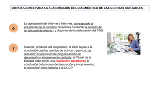La aprobación del Informe o Informes, corresponde al
presidente de la comisión respectiva mediante la emisión de
un documento interno,; y disponiendo la elaboración del PDS.
DISPOSICIONES PARA LA ELABORACIÓN DEL DIAGNÓSTICO DE LAS CUENTAS CONTABLES
6
7 Cuando, producto del diagnóstico, la CDS llegue a la
conclusión que las cuentas de activos o pasivos, no
requieren la ejecución de ninguna acción de
depuración y sinceramiento contable, el Titular de la
Entidad debe emitir una resolución aprobando la
conclusión del proceso de depuración y sinceramiento,
la resolución será remitida a la DGCP
 