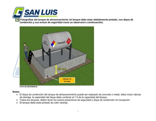 7
10.-Fotografías del tanque de almacenamiento (el tanque debe estar debidamente pintado, con dique de
contención y sus avisos de seguridad como se observará a continuación).
FOTO DE REFERENCIA
Notas:
 El dique de contención del tanque de almacenamiento puede ser realizado de concreto o metal, debe incluir válvula
de drenaje, la capacidad del dique debe contener el 1.5 de la capacidad del tanque.
 Todos los tanques, deben tener los avisos preventivos de seguridad y dique de contención sin excepción.
 El tanque debe estar pintado de color naranja.
 