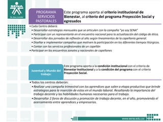 PROGRAMA              Este programa aporta al criterio institucional de
      SERVICIOS            Bienestar, al criterio del programa Proyección Social y
     PASTORALES            egresados
• Cada Centro deberá:
  • Desarrollar estrategias mensuales que se articulen con la campaña “yo soy SENA”
  • Participar con un representante en el encuentro nacional para la actualización del código de ética.
  • Desarrollar dos jornadas de reflexión al año según lineamientos de la capellanía general.
  • Diseñar e implementar campañas que motiven la participación en los diferentes tiempos litúrgicos.
  • Contar con los servicios profesionales de un capellán
• Participar en los encuentros zonales y nacionales de capellanes



                      Este programa aporta a la condición institucional con el criterio de
 Juventud y Mundo del Bienestar Institucional y a la condición del programa con el criterio
       trabajo:       Proyección Social.

• Todos los centros deberán:
  • Realizar una campaña trimestral con los aprendices que salen a etapa productiva que brinde
    estrategias para la inserción de estos en el mundo laboral. Resaltando la importancia del
    trabajo decente y las habilidades humanas necesarias para el trabajo.
  • Desarrollar 2 foros de discusión y promoción de trabajo decente, en el año, promoviendo el
    acercamiento entre aprendices y empresarios.
 