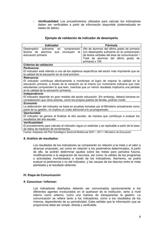 8 
 
- Verificabilidad: Los procedimientos utilizados para calcular los indicadores
deben ser verificables a partir de información disponible (sistematizada en
bases de datos).
Ejemplo de validación de indicador de desempeño
 
Indicador  Fórmula 
Desempeño suficiente en comprensión
lectora de alumnos que concluyen la
educación primaria 
(No de alumnos del último grado de primaria
con desempeño suficiente en la comprensión
de textos verbales del área de comunicación /
Total de alumnos del último grado de
primaria) x 100
Criterios de validación 
Pertinencia:
El indicador está referido a uno de los objetivos específicos del sector más importante que es
la calidad de la educación en el nivel primario
Relevancia:
El indicador contribuye efectivamente a monitorear el logro de mejorar la calidad en la
educación primaria, a través de la variación en el mismo (un incremento indicaría que más
estudiantes comprenden lo que leen, mientras que un menor resultado implicaría una pérdida
en la calidad de la educación primaria).
Independencia:
El indicador depende en gran medida del sector educación. Sin embargo, deberá tomarse en
consideración que otros actores, como los propios padres de familia, podrían incidir. 
Economía:
La elaboración del indicador se basa en pruebas tomadas por el Ministerio actualmente como
parte de su gestión, no implica un costo adicional a lo ya programado.
Oportunidad:
El indicador se genera al finalizar el año escolar, de manera que contribuye a evaluar los
resultados del año escolar. 
Verificabilidad:
El procedimiento para calcular el indicador sigue un estándar y es replicable a partir de la base
de datos de medición de rendimientos.
Fuente: Adaptado del Plan Estratégico Sectorial Multianual 2007 – 2011 / Ministerio de Educación
8. Análisis de resultados:
Los resultados de los indicadores se compararán en relación a la meta o al valor a
alcanzar propuesto, así como en relación a los parámetros determinados. A partir
de ello, se podrán determinar ajustes sobre las metas para periodos futuros,
modificaciones a la asignación de recursos, así como, la validez de los programas
o actividades monitoreados a través de los indicadores. Asimismo, se podrá
evaluar la pertinencia o no del indicador, y las causas de los desvíos entre la meta
planteada y el resultado obtenido.
IV. Etapa de Comunicación
9. Comunicar / Informar:
Los indicadores diseñados deberán ser comunicados oportunamente a los
diferentes agentes involucrados en el quehacer de la institución, tanto a nivel
interno como externo, como una manera de transparentar la gestión. La
comunicación se refiere tanto a los indicadores, como a los resultados de los
mismos, dependiendo de su periodicidad. Cabe señalar que la información que se
proporcione debe ser simple, directa y verificable.
 