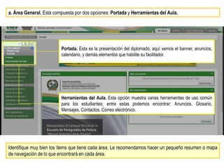 a. Área General. Está compuesta por dos opciones: Portada y Herramientas del Aula.




                         Portada. Esta es la presentación del diplomado, aquí vemos el banner, anuncios,
                         calendario, y demás elementos que habilite su facilitador.




                         Herramientas del Aula. Esta opción muestra varias herramientas de uso común
                         para los estudiantes; entre estas podemos encontrar: Anuncios, Glosario,
                         Mensajes, Contactos, Correo electrónico.




Identifique muy bien los ítems que tiene cada área. Le recomendamos hacer un pequeño resumen o mapa
de navegación de lo que encontrará en cada área.
 
