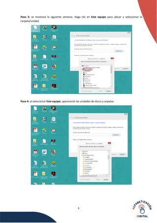 3
Paso 3: se mostrará la siguiente ventana. Haga clic en Este equipo para ubicar y seleccionar la
carpeta/unidad.
Paso 4: al seleccionar Este equipo, aparecerán las unidades de disco y carpetas.
 