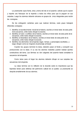 15
La practicante copia fecha, área y tema del día en el pizarrón, solicita que lo copien
y reparte una fotocopia de la leyenda a todos los niños para que la peguen en sus
carpetas. Luego los alumnos deberán ubicarse en grupos de cinco integrantes para recibir
las consignas.
Se les entregarán cartulinas para que realicen láminas, cada grupo trabajará
diferentes consignas:
1. Identifica el acontecimiento inicial de la historia, escribe un breve texto de esta parte
de la secuencia, entre todos dibujen la escena.
2. Identifica el nudo o conflicto de la historia, escribe un breve texto de esta parte de la
secuencia, entre todos dibujen la escena.
3. Identifica el desenlace de la historia, escribe un breve texto de esta parte de la
secuencia, entre todos dibujen la escena.
4. Identifica los elementos de la leyenda (lugar, tiempo, y personajes) escríbelos, y
luego dibujen como se imaginan al personaje principal.
Cuando los grupos terminen la tarea, deberán pasar al frente y compartir sus
producciones con la clase. A su vez los alumnos restantes pueden realizar aportes
constructivos del tema. Las láminas se irán colgando del pizarrón hasta completar la
secuencia de la leyenda.
Como tarea para el hogar los alumnos deberán dibujar en sus carpetas las
secuencias de la leyenda.
La clase termina con la reflexión de la docente sobre la importancia que las
leyendas tienen para defensa del patrimonio cultural de un pueblo. La practicante se
despide amablemente de sus alumnos.
 