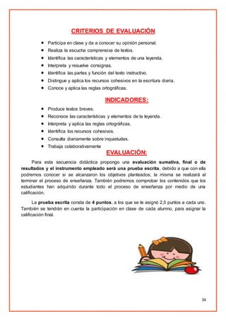 34
CRITERIOS DE EVALUACIÓN
 Participa en clase y da a conocer su opinión personal.
 Realiza la escucha comprensiva de textos.
 Identifica las características y elementos de una leyenda.
 Interpreta y resuelve consignas.
 Identifica las partes y función del texto instructivo.
 Distingue y aplica los recursos cohesivos en la escritura diaria.
 Conoce y aplica las reglas ortográficas.
INDICADORES:
 Produce textos breves.
 Reconoce las características y elementos de la leyenda.
 Interpreta y aplica las reglas ortográficas.
 Identifica los recursos cohesivos.
 Consulta diariamente sobre inquietudes.
 Trabaja colaborativamente
EVALUACIÓN:
Para esta secuencia didáctica propongo una evaluación sumativa, final o de
resultados y el instrumento empleado será una prueba escrita, debido a que con ella
podremos conocer si se alcanzaron los objetivos planteados; la misma se realizará al
terminar el proceso de enseñanza. También podremos comprobar los contenidos que los
estudiantes han adquirido durante todo el proceso de enseñanza por medio de una
calificación.
La prueba escrita consta de 4 puntos, a los que se le asignó 2,5 puntos a cada uno.
También se tendrán en cuenta la participación en clase de cada alumno, para asignar la
calificación final.
 