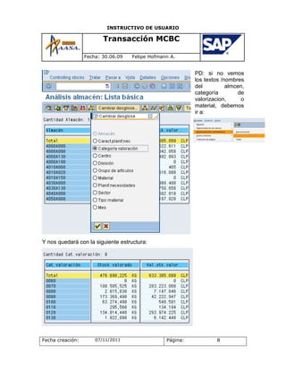 INSTRUCTIVO DE USUARIO

                         Transacción MCBC

                  Fecha: 30.06.09   Felipe Hofmann A.


                                                           PD: si no vemos
                                                           los textos /nombres
                                                           del          almcen,
                                                           categoría        de
                                                           valorizacion,      o
                                                           material, debemos
                                                           ir a:




Y nos quedará con la siguiente estructura:




Fecha creación:       07/11/2011                 Página:            8
 