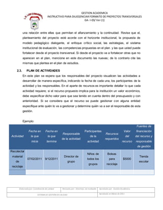 Elaboradopor: Coordinación de calidad Revisado por: Directivos de Institución Aprobado por: GestiónAcadémica
SISTEMADE GESTIÓN DECALIDAD Aprobado en Marzo de 2011
GESTION ACADEMICA
INSTRUCTIVO PARA DILIEGENCIAR FORMATO DE PROYECTOS TRANSVERSALES
GA- I-03/ Ver (1)
una relación entre ellas que permitan el afianzamiento y la continuidad. Revise que el,
planteamiento del proyecto esté acorde con el horizonte institucional, la propuesta de
modelo pedagógico dialogante, el enfoque crítico social, las estrategias, el sistema
institucional de evaluación, las competencias propuestas en el plan y las que usted puede
fortalecer desde el proyecto transversal. Si desde el proyecto va a fortalecer otras que no
aparecen en el plan, mencione en este documento las nuevas; de lo contrario cite las
mismas que plantea en el plan de estudios.
2.3. PLAN DE ACTIVIDADES
En este plan se espera que los responsables del proyecto visualicen las actividades a
desarrollar de manera específica, indicando la fecha de cada una, los participantes de la
actividad y los responsables. En el aparte de recursos es importante detallar lo que cada
actividad requiere; si el recurso propuesto implica para la institución un valor económico,
debe especificar dicho valor para que sea tenido en cuenta dentro del presupuesto y con
anterioridad. Si se considera que el recurso se puede gestionar con alguna entidad
especifique ante quién lo va a gestionar y determine quién va a ser el responsable de esta
gestión.
Ejemplo:
Actividad
Fecha en
la que
inicia
Fecha en
la que
termina
Responsable
de la actividad
Participantes
de la
actividad
Recursos
requeridos
Valor
del
recurso
Fuentes de
financiación
del recurso y
responsable
de gestión
Recolectar
material
de
reciclaje
07/02/2011 9/12/2011
Director de
grupo
Niños de
todos los
grupos
Bolsas
para
reciclaje
$5000
Tienda
escolar
 