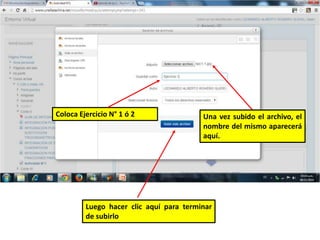 Una vez subido el archivo, el 
nombre del mismo aparecerá 
aquí. 
Coloca Ejercicio N° 1 ó 2 
Luego hacer clic aquí para terminar 
de subirlo 
 
