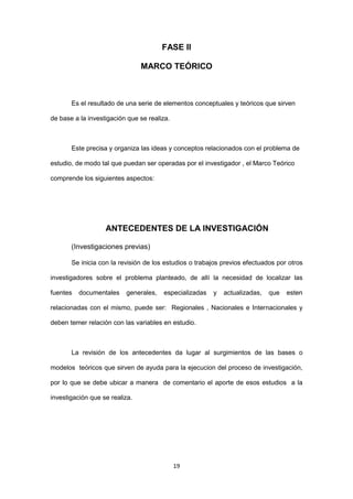 19
FASE II
MARCO TEÓRICO
Es el resultado de una serie de elementos conceptuales y teóricos que sirven
de base a la investigación que se realiza.
Este precisa y organiza las ideas y conceptos relacionados con el problema de
estudio, de modo tal que puedan ser operadas por el investigador , el Marco Teórico
comprende los siguientes aspectos:
ANTECEDENTES DE LA INVESTIGACIÓN
(Investigaciones previas)
Se inicia con la revisión de los estudios o trabajos previos efectuados por otros
investigadores sobre el problema planteado, de allí la necesidad de localizar las
fuentes documentales generales, especializadas y actualizadas, que esten
relacionadas con el mismo, puede ser: Regionales , Nacionales e Internacionales y
deben temer relación con las variables en estudio.
La revisión de los antecedentes da lugar al surgimientos de las bases o
modelos teóricos que sirven de ayuda para la ejecucion del proceso de investigación,
por lo que se debe ubicar a manera de comentario el aporte de esos estudios a la
investigación que se realiza.
 