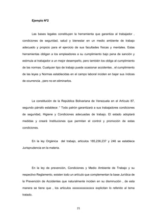 21
Ejemplo Nº2
Las bases legales constituyen la herramienta que garantiza al trabajador ,
condiciones de seguridad, salud y bienestar en un medio ambiente de trabajo
adecuado y propicio para el ejercicio de sus facultades físicas y mentales. Estas
herramientas obligan a los empleadores a su cumplimiento bajo pena de sanción y
estimula al trabajador a un mejor desempeño, pero también los obliga al cumplimiento
de las normas. Cualquier tipo de trabajo puede ocasionar accidentes , el cumplimiento
de las leyes y Normas establecidas en el campo laboral inciden en bajar sus índices
de ocurrencia , pero no en eliminarlos.
La constitución de la República Bolivariana de Venezuela en el Artículo 87,
segundo párrafo establece: “ Todo patrón garantizará a sus trabajadores condiciones
de seguridad, Higiene y Condiciones adecuadas de trabajo. El estado adoptará
medidas y creará Instituciones que permitan el control y promoción de estas
condiciones.
En la ley Orgánica del trabajo, articulos 185,236,237 y 246 se establece
Jurisprudencia en la materia.
En la ley de prevención, Condiciones y Medio Ambiente de Trabajo y su
respectivo Reglamento, existen todo un artículo que complementan la base Jurídica de
la Prevención de Accidentes que naturalmente inciden en su disminución , de esta
manera se tiene que , los articulos xxxxxxxxxxxxxxx explicitan lo referido al tema
tratado.
 