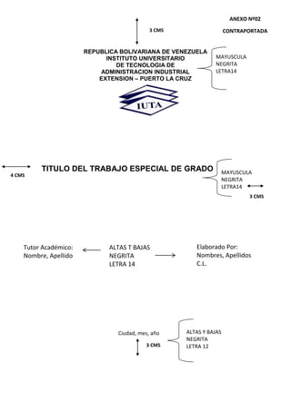REPUBLICA BOLIVARIANA DE VENEZUELA
INSTITUTO UNIVERSITARIO
DE TECNOLOGIA DE
ADMINISTRACION INDUSTRIAL
EXTENSION – PUERTO LA CRUZ
TITULO DEL TRABAJO ESPECIAL DE GRADO
4 CMS MAYUSCULA
NEGRITA
LETRA14
MAYUSCULA
NEGRITA
LETRA14
ANEXO Nº02
CONTRAPORTADA3 CMS
ALTAS Y BAJAS
NEGRITA
LETRA 12
Tutor Académico:
Nombre, Apellido
ALTAS T BAJAS
NEGRITA
LETRA 14
Elaborado Por:
Nombres, Apellidos
C.L.
Ciudad, mes, año
3 CMS
3 CMS
 