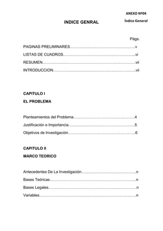 INDICE GENRAL
Págs.
PAGINAS PRELIMINARES……………………………………………v
LISTAS DE CUADROS………………………………………………...vi
RESUMEN……………………………………………………………….vii
INTRODUCCION………………………………………………………..vii
CAPITULO I
EL PROBLEMA
Planteamientos del Problema…………………………………………4
Justificación e Importancia…………………………………………….5
Objetivos de Investigación……………………………………………..6
CAPITULO II
MARCO TEORICO
Antecedentes De La Investigación…………………………………….n
Bases Teóricas…………………………………………………………..n
Bases Legales……………………………………………………………n
Variables………………………………………………………………….n
ANEXO Nº04
Índice General
 