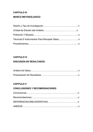 CAPITULO III
MARCO METODOLOGICO
Diseño y Tipo de Investigación…………………………………………n
Unidad de Estudio ode Análisis………...…………………………….n
Población Y Muestra……………………………………………………..n
Técnicas E Instrumentos Para Recopilar Datos………………………n
Procedimientos…………………………………………………………...n
CAPITULO IV
DISCUSION DE RESULTADOS
Análisis De Datos………………………………………………………...n
Presentación De Resultados……………………………………………n
CAPITULO V
CONCLUSIONES Y RECOMENDACIONES
Conclusiones……………………………………………………………..n
Recomendaciones……………………………………………………….n
REFERENCIAS BIBLIOGRAFICAS…………………………………...n
ANEXOS…………………………………………………………………..n
 