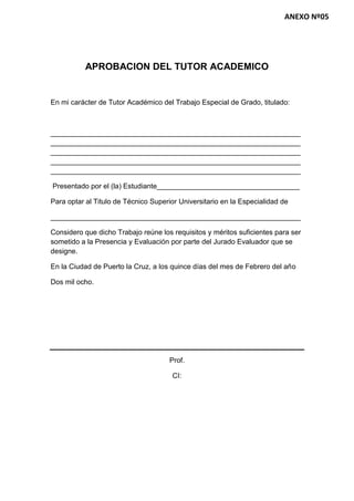 APROBACION DEL TUTOR ACADEMICO
En mi carácter de Tutor Académico del Trabajo Especial de Grado, titulado:
_______________________________________________________________
_______________________________________________________________
_______________________________________________________________
_______________________________________________________________
_______________________________________________________________
Presentado por el (la) Estudiante____________________________________
Para optar al Titulo de Técnico Superior Universitario en la Especialidad de
_______________________________________________________________
Considero que dicho Trabajo reúne los requisitos y méritos suficientes para ser
sometido a la Presencia y Evaluación por parte del Jurado Evaluador que se
designe.
En la Ciudad de Puerto la Cruz, a los quince días del mes de Febrero del año
Dos mil ocho.
Prof.
CI:
ANEXO Nº05
 