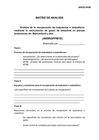 MATRIZ DE ANALISIS
Análisis de la recuperación de isobutanos e isobutileno,
mediante la recirculación de gases de desechos en plantas
productoras de: Matil,terbutil y éter.
(ARIIRGPPMTE)
Elaborado por: ____________________
Parte I:
Proceso de recuperación de isobutados e isobutilenos:
- Isomerización: ¿Es determinante en la efectividad del proceso?
- Deshidrogenacion: ¿Se alcanza la producción del Hidrogeno?
- MTBE: ¿Existen las condiciones mínimas para lograr la síntesis de
MTBE.
_______________________________________________________________
_______________________________________________________________
_______________________________________________________________
____________________________________________________________
Parte II
Equipos y accesorios para la recuperación de Isobutano e isobutileno
¿Se especifican los componentes de la planta de recuperación?
_______________________________________________________________
_______________________________________________________________
_______________________________________________________________
___________________________________________________________
Parte III
Reacciones secundaria en el proceso de recuperación de isobutanos e
isobutileno.
- Se especifican las ecuaciones que ocurren en la recirculación de
gases
- Existe control de variables para lograr reacciones secundarias?
ANEXO Nº08
 
