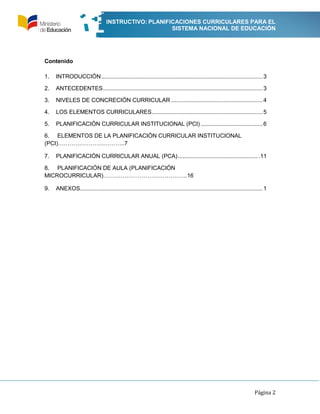 INSTRUCTIVO: PLANIFICACIONES CURRICULARES PARA EL
SISTEMA NACIONAL DE EDUCACIÓN
Página 2
Contenido
1. INTRODUCCIÓN...........
