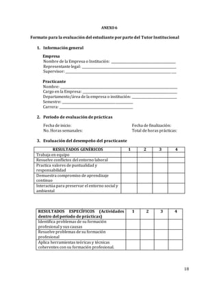 18
ANEXO 6
Formato para la evaluación del estudiante por parte del Tutor Institucional
1. Información general
Empresa
Nombre de la Empresa o Institución: ________________________________________
Representante legal: ___________________________________________________________
Supervisor: _____________________________________________________________________
Practicante
Nombre: _________________________________________________________________________
Cargo en la Empresa: ___________________________________________________________
Departamento/área de la empresa o institución: ____________________________
Semestre: ____________________________________________
Carrera: ______________________________________________
2. Periodo de evaluación de prácticas
Fecha de inicio: Fecha de finalización:
No. Horas semanales: Total de horas prácticas:
3. Evaluación del desempeño del practicante
RESULTADOS GENÉRICOS 1 2 3 4
Trabaja en equipo
Resuelve conflictos del entorno laboral
Practica valores de puntualidad y
responsabilidad
Demuestra compromiso de aprendizaje
continuo
Interactúa para preservar el entorno social y
ambiental
RESULTADOS ESPECÍFICOS (Actividades
dentro del período de prácticas)
1 2 3 4
Identifica problemas de su formación
profesional y sus causas
Resuelve problemas de su formación
profesional
Aplica herramientas teóricas y técnicas
coherentes con su formación profesional.
 